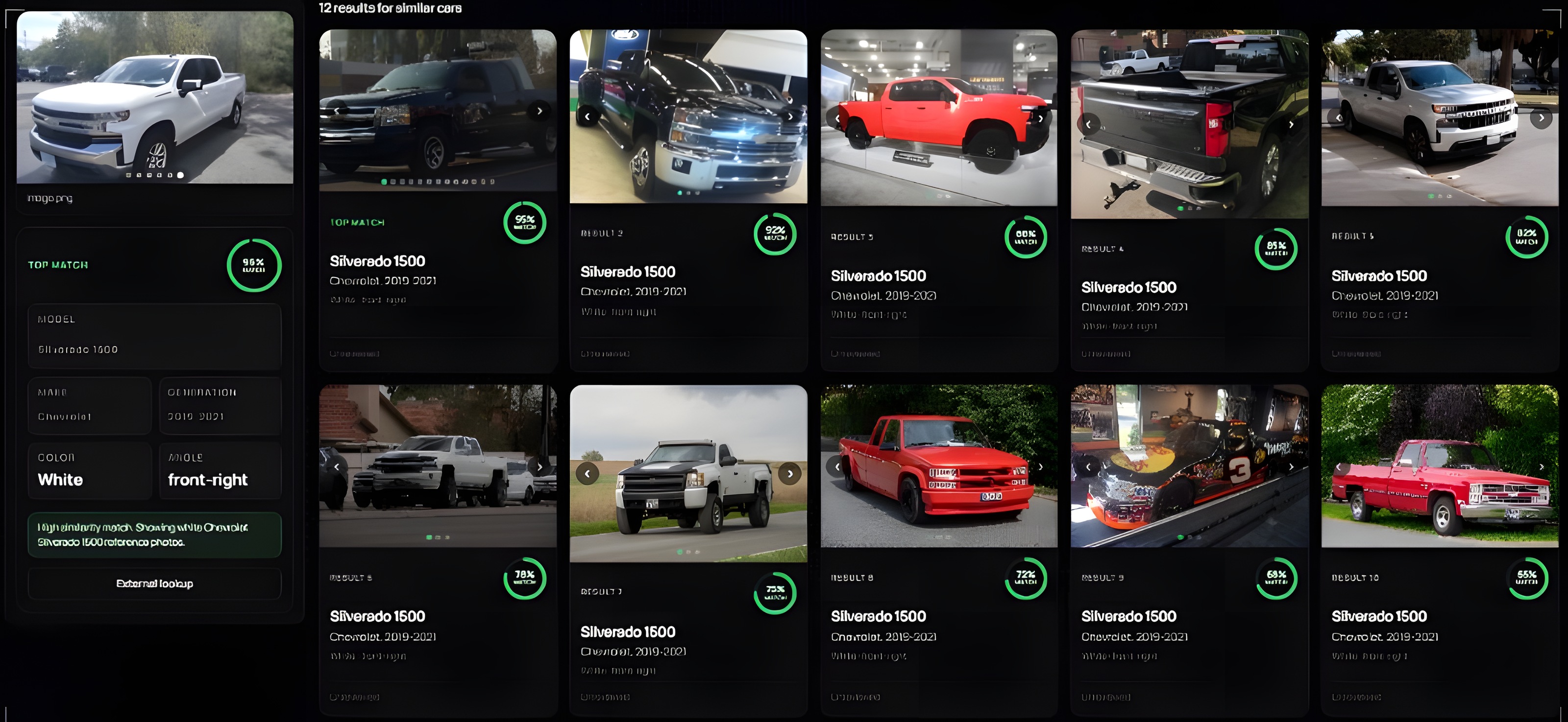 Carsint identifying a white Chevrolet Silverado 1500 with ranked reference photos