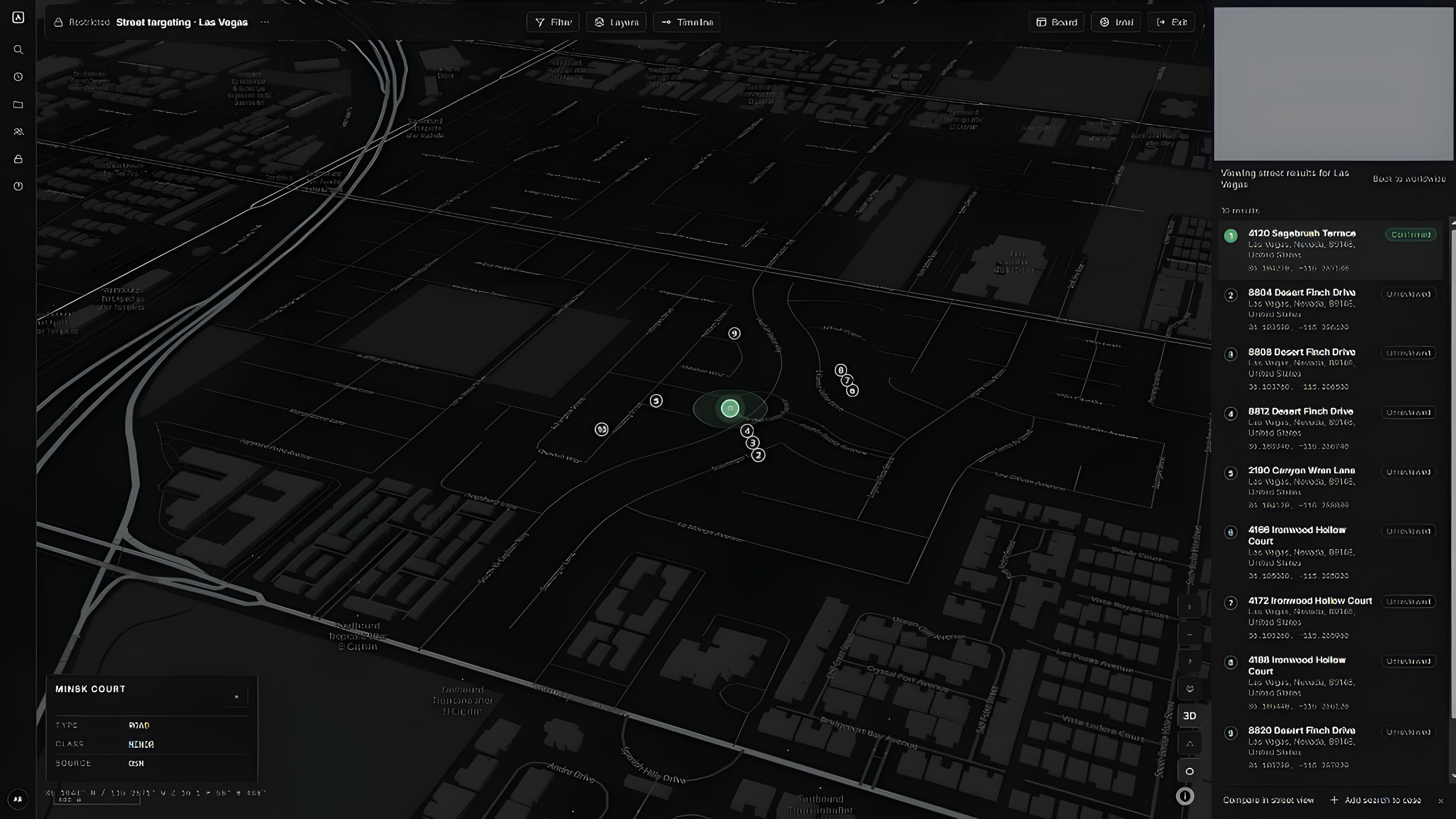 Photo Geolocate ranking Las Vegas street candidates on a 3D map with confirmed coordinates